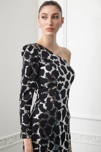 Print Y62 sequined crepe single sleeve maxi dress